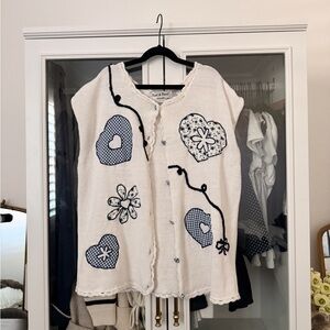 White Cardigan with Blue Heart and Flower Design